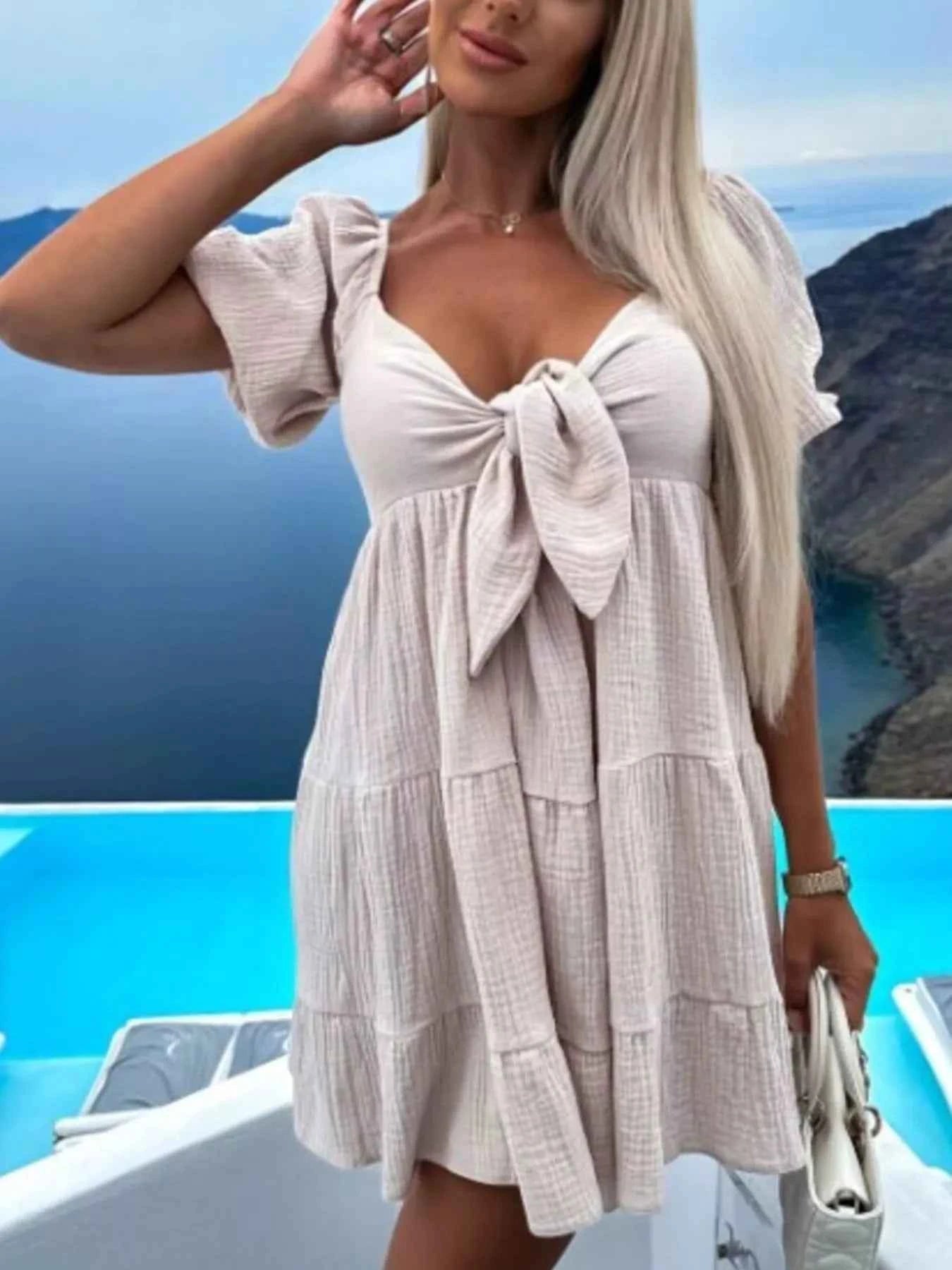 Tiered Mini Dress - Tie-Front Sweetheart Neck - Fashions Envy