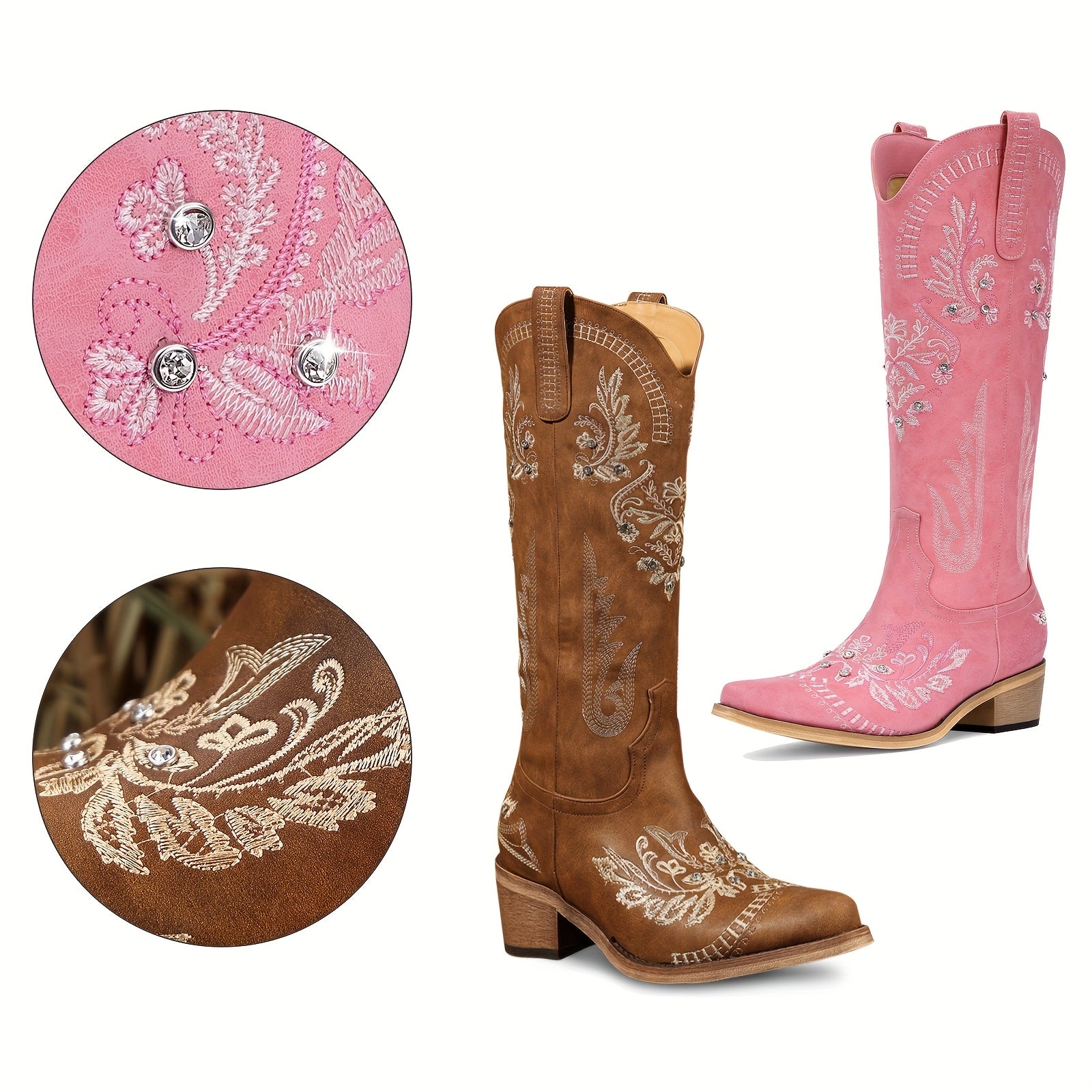 Tall Classic Sparkly Rhinestone Embroidered Vintage Cowboy Cowgirl Boots