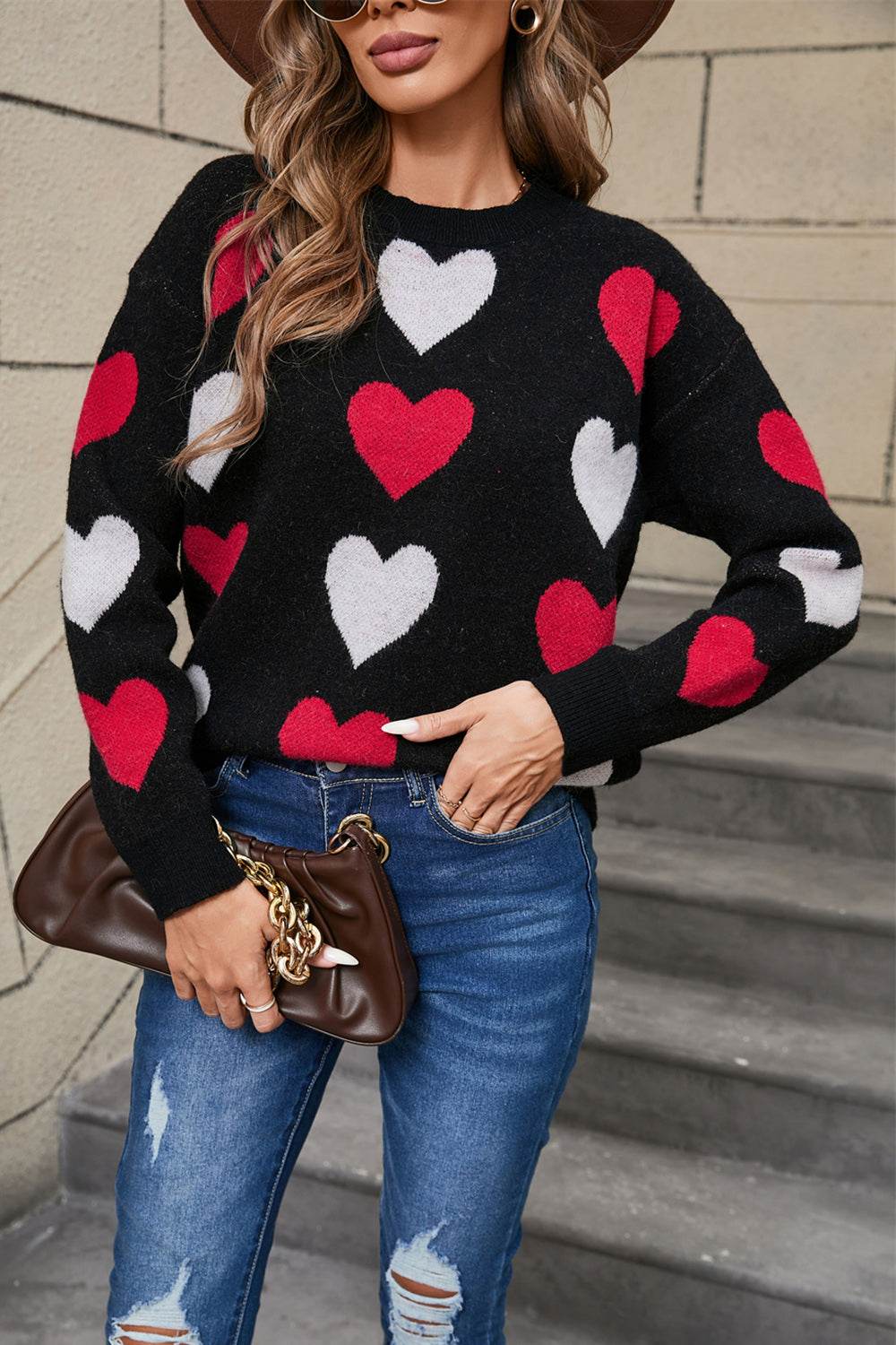 Angel Wings Heart Round Neck Long Sleeve Sweater - Fashions Envy