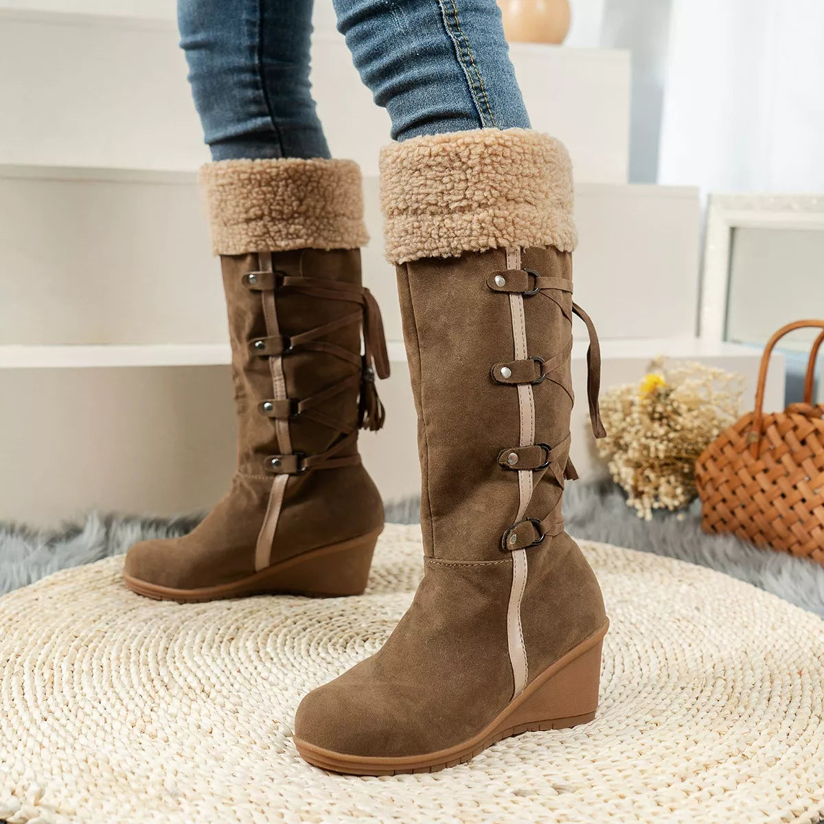 Suede Wedge Boots with Fur Cuff - Fashions Envy