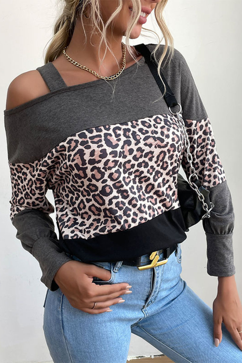 Perfee Leopard Print Color Block Cold Shoulder Top