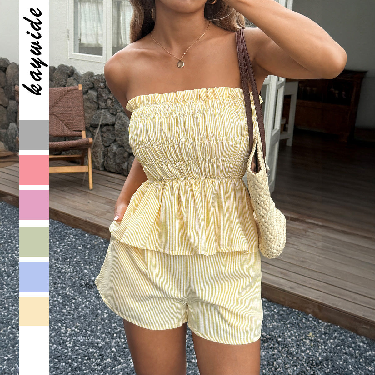 Simple Ruffle Hem Shorts Set Women's Summer