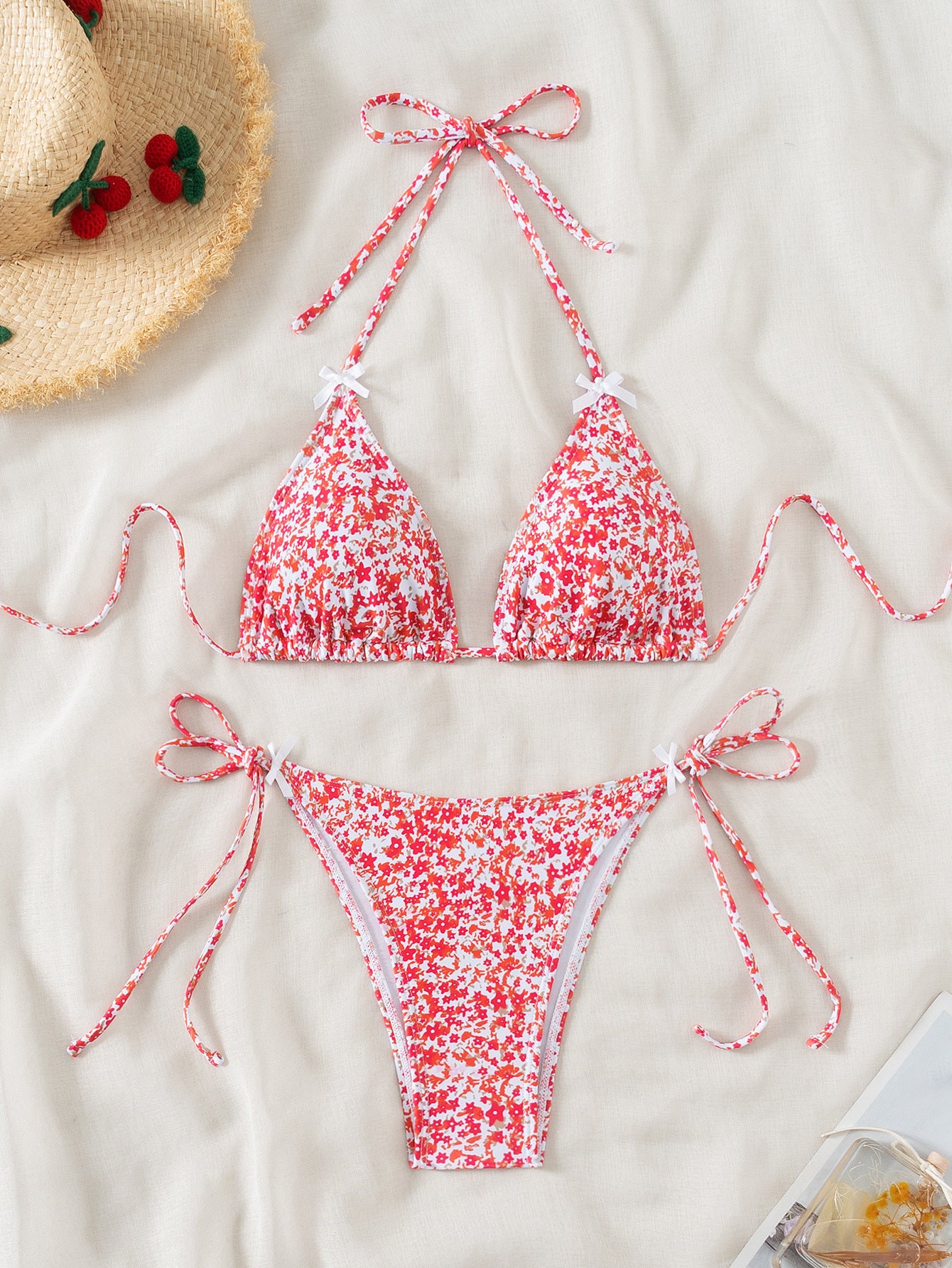 Floral Triangle Bikini - Lace Up Front Tie Bottoms Set
