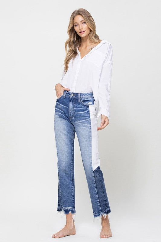 Super HIgh RIse Straight W/Side Blocking Panel Jeans