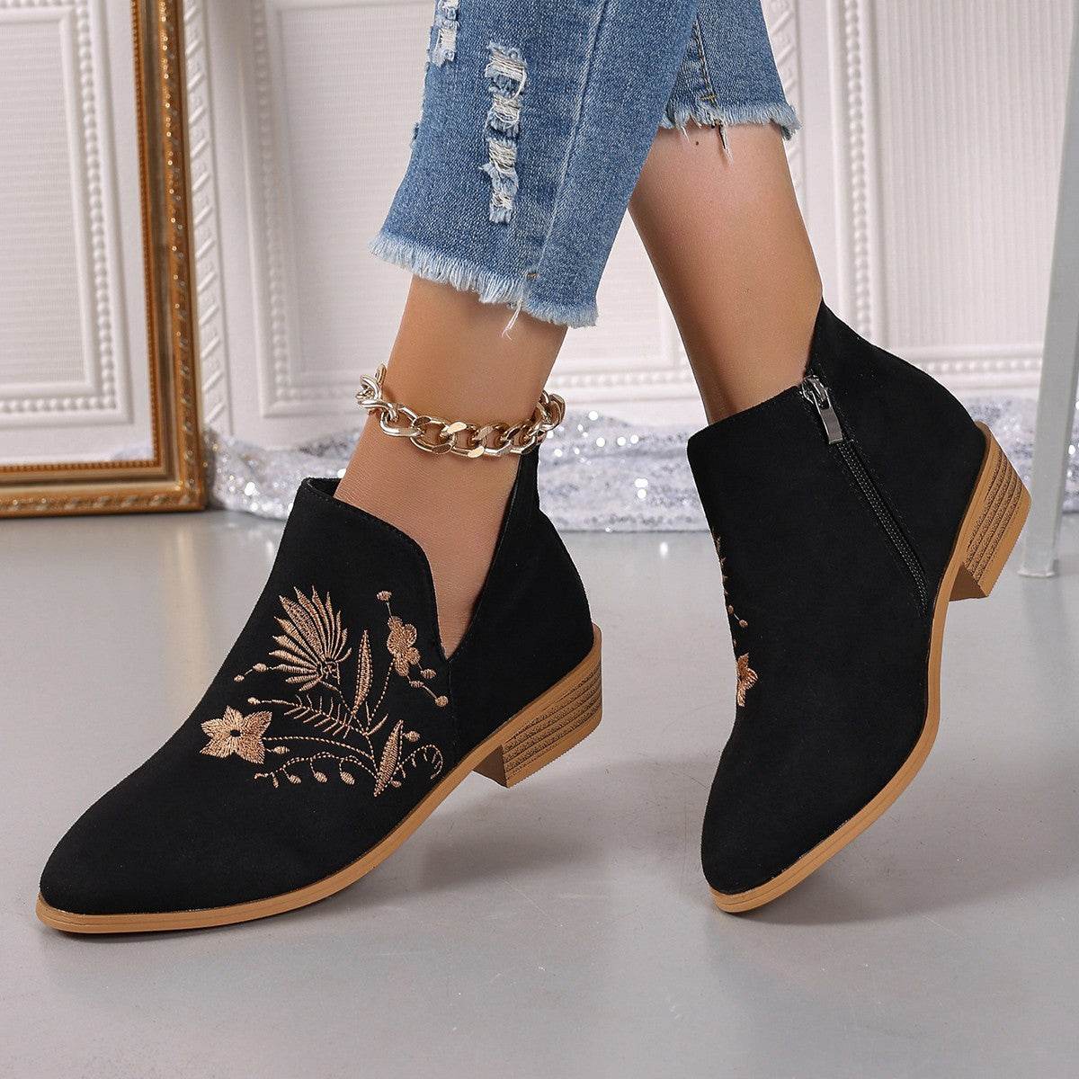 Embroidered Suede Point Toe Block Heel Boots - Fashions Envy