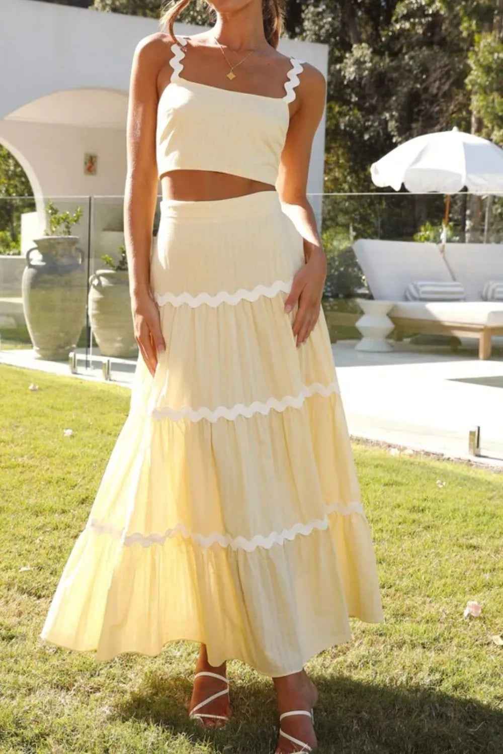 Pastel Yellow Cami and Maxi Skirt Set - Contrast Trim
