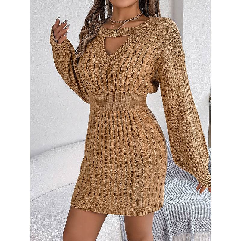 Womens Long Sleeve Sweater Dress Sexy Cut Out Bodycon Mini Fall Dress Trendy Ribbed Ladies Winter Sweater - Fashions Envy
