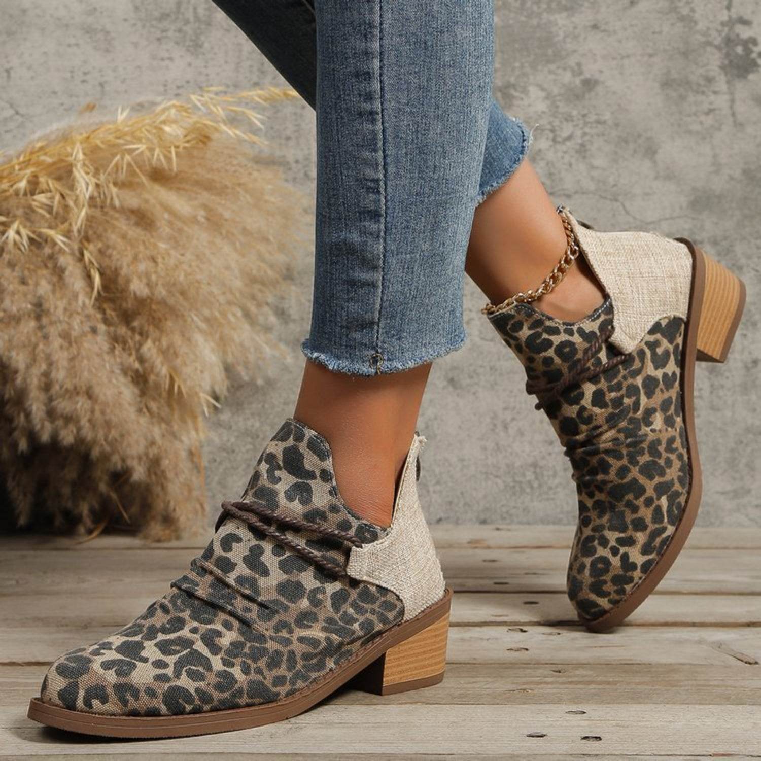 Contrast Canvas Low Heel Boots - Fashions Envy