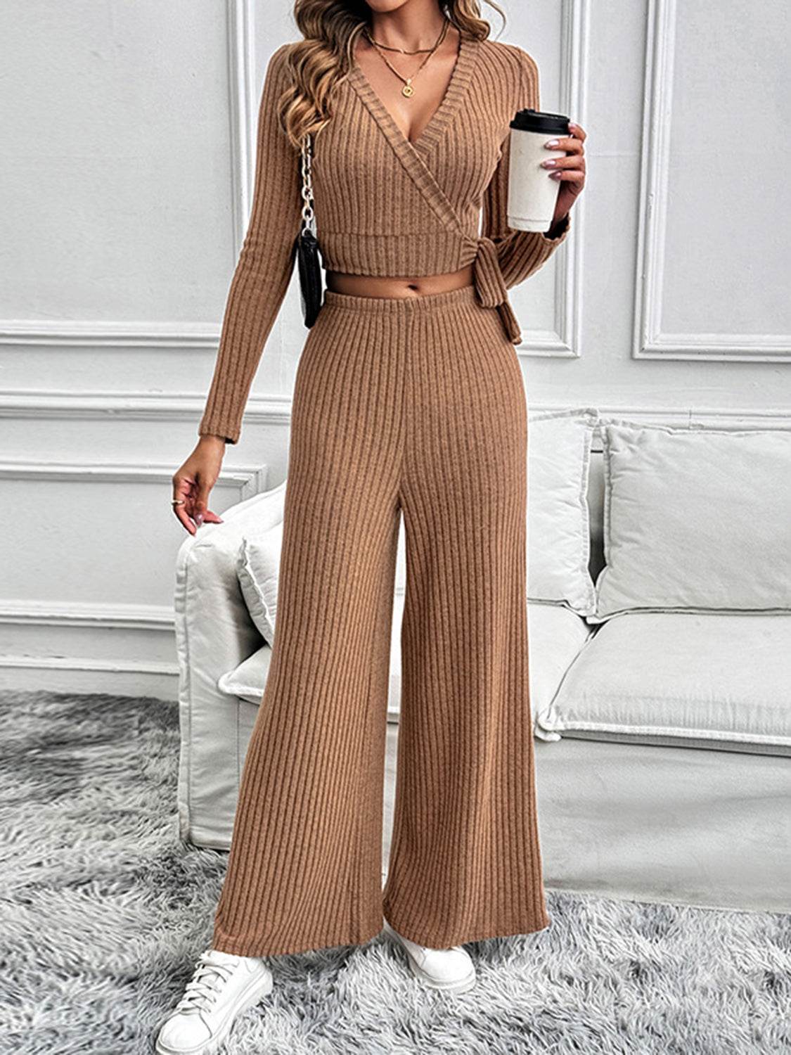 Perfee Surplice Long Sleeve Top and Pants Set - Fashions Envy