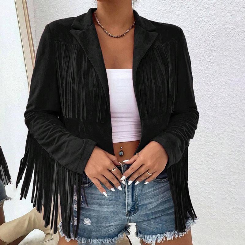 Solid Color Fashion Lapel Loose Fit Fringe Long Sleeve Jacket