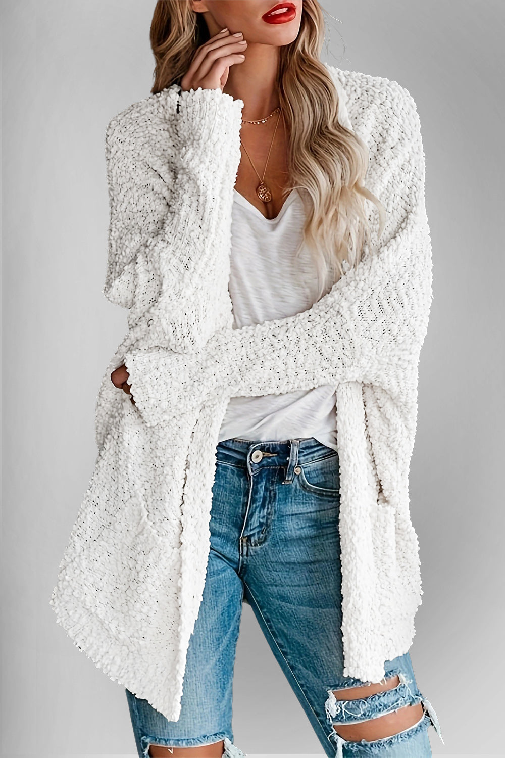 Double Take Pocketed Open Front Long Sleeve Cardigan - Fashions Envy