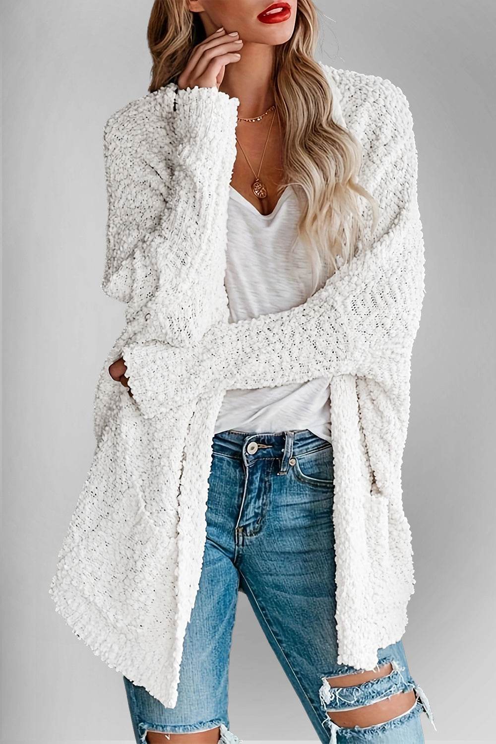 Double Take Pocketed Open Front Long Sleeve Cardigan - Fashions Envy