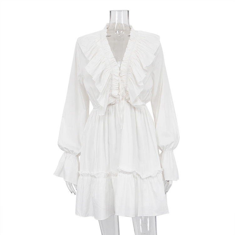 V-Neck Pleated Ruffle Long Sleeve Y2K Mini Dress