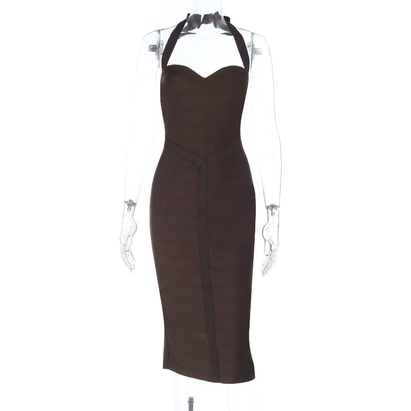 Halter Knit Dress - Ribbed Bodycon Tie Neck Mini - Fashions Envy