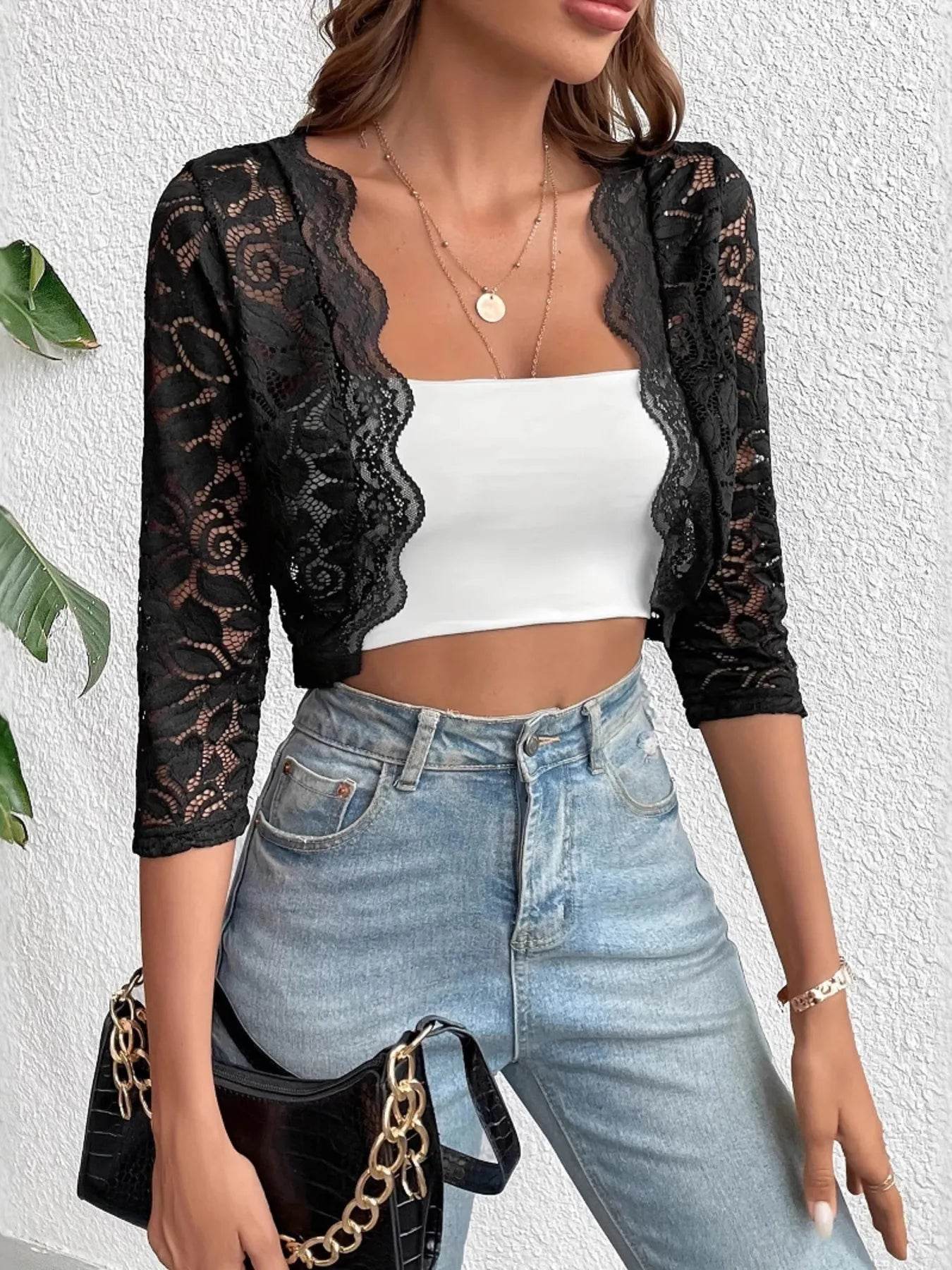 Open Front Lace Cardigan - Sheer Layering Sweater - Fashions Envy