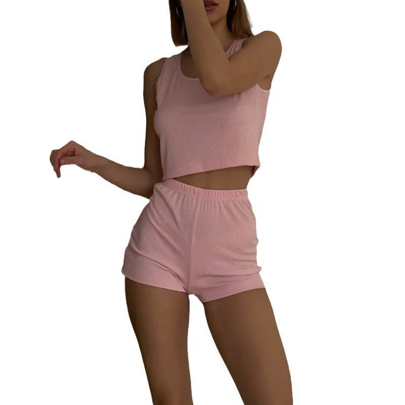 Two Piece Set - Crop Top High Waist Shorts