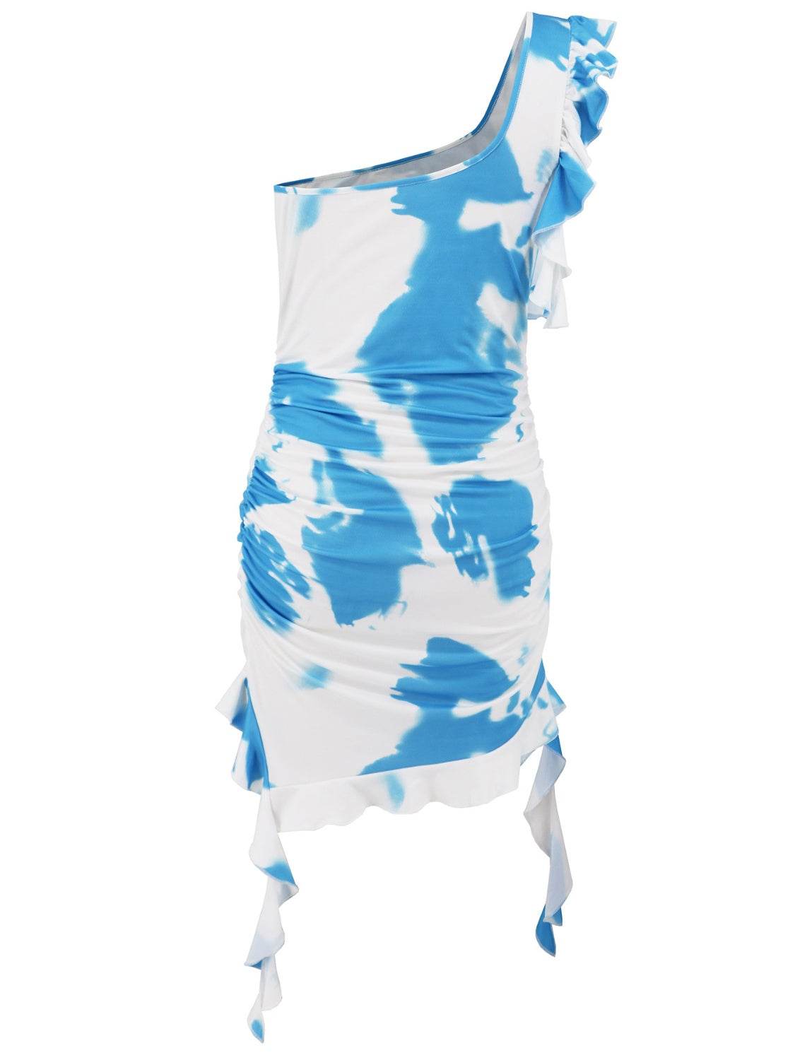 Ruffled Tie-Dye Single Shoulder Mini Dress - Fashions Envy