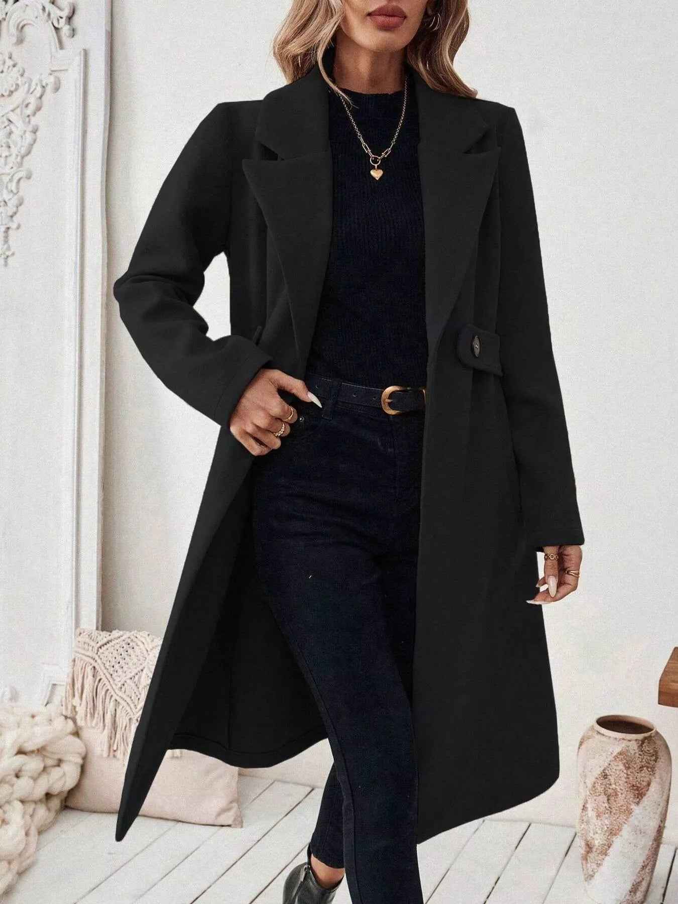 Wool Blend Overcoat - One Button Belted Long Coat - Fashions Envy