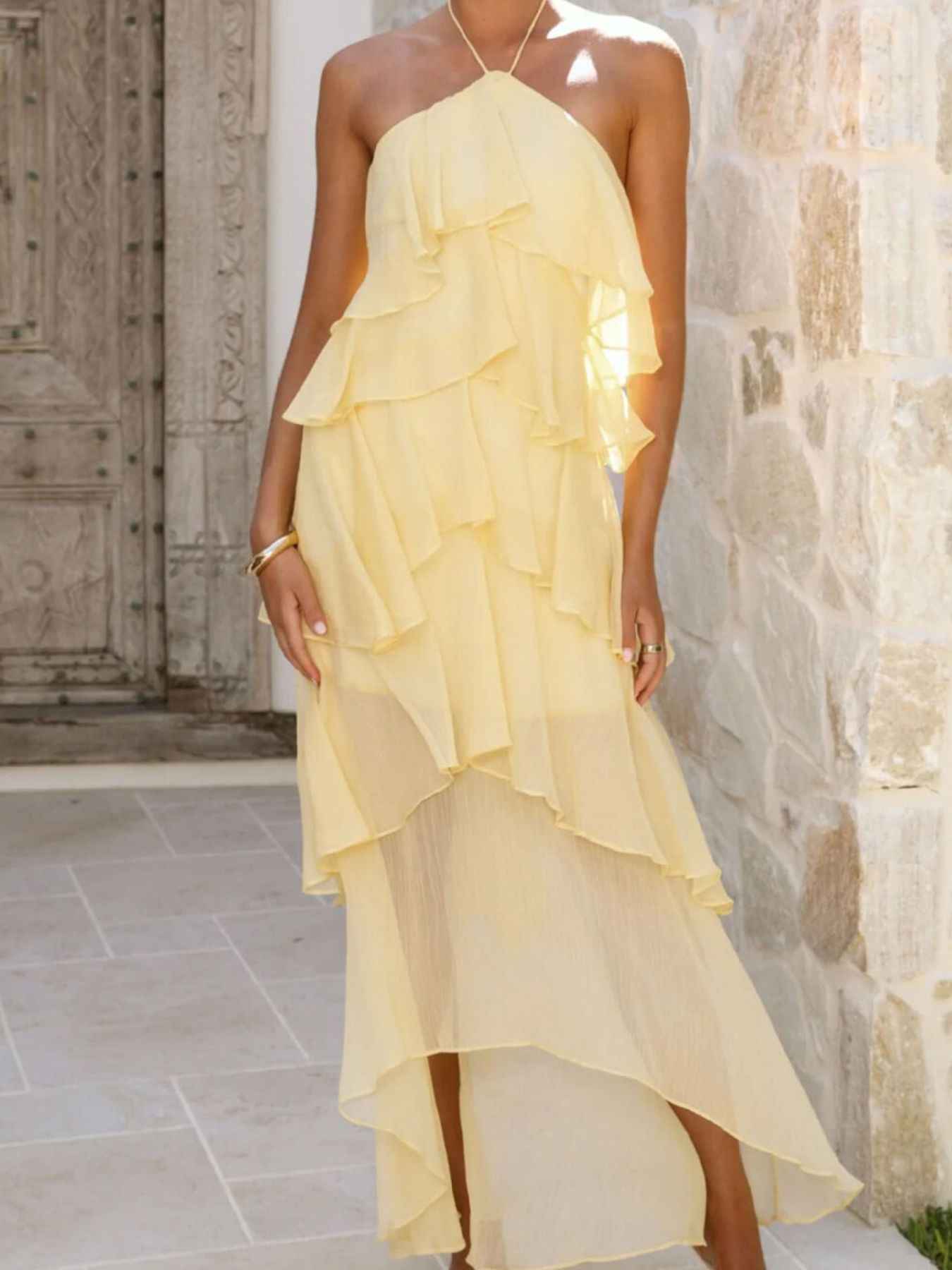 Tiered Ruffle Halter Midi Dress - Layered Flowy Style