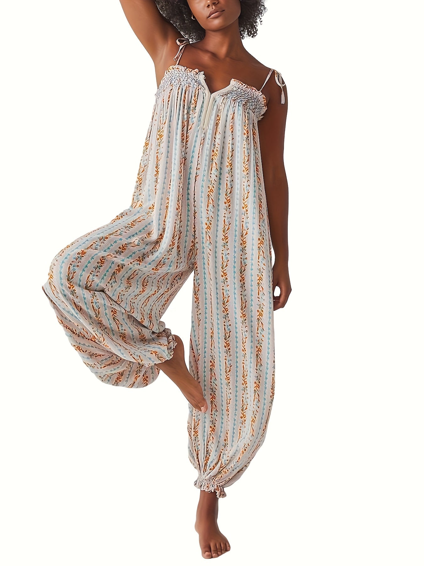 Sleeveless Flowy Vibrant Striped Jumpsuit with Lace Trim