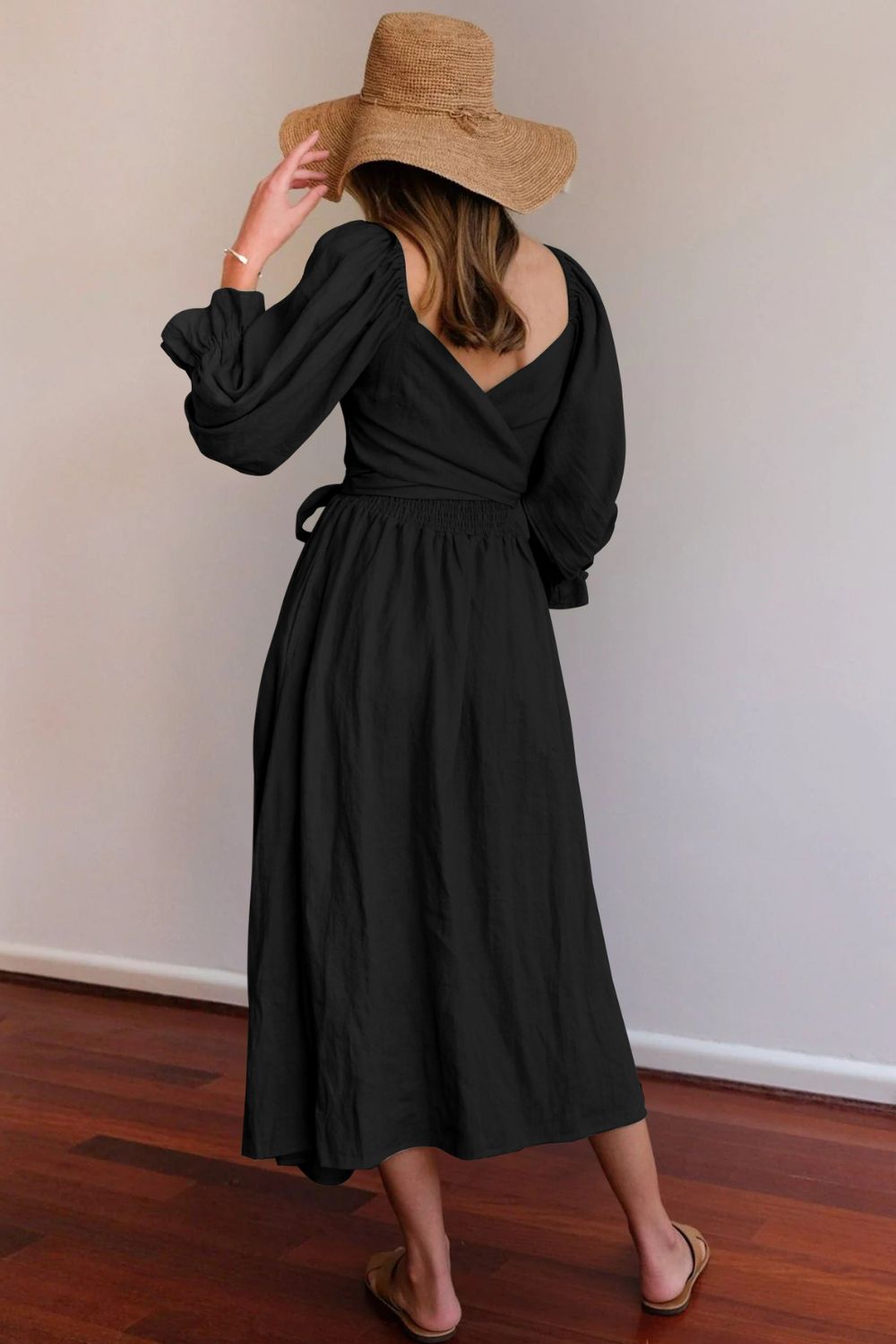 Smocked Square Neck Flounce Sleeve Midi Dress