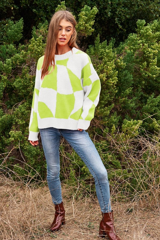 Oversized Multi Geo Checker Pullover Knit Sweater