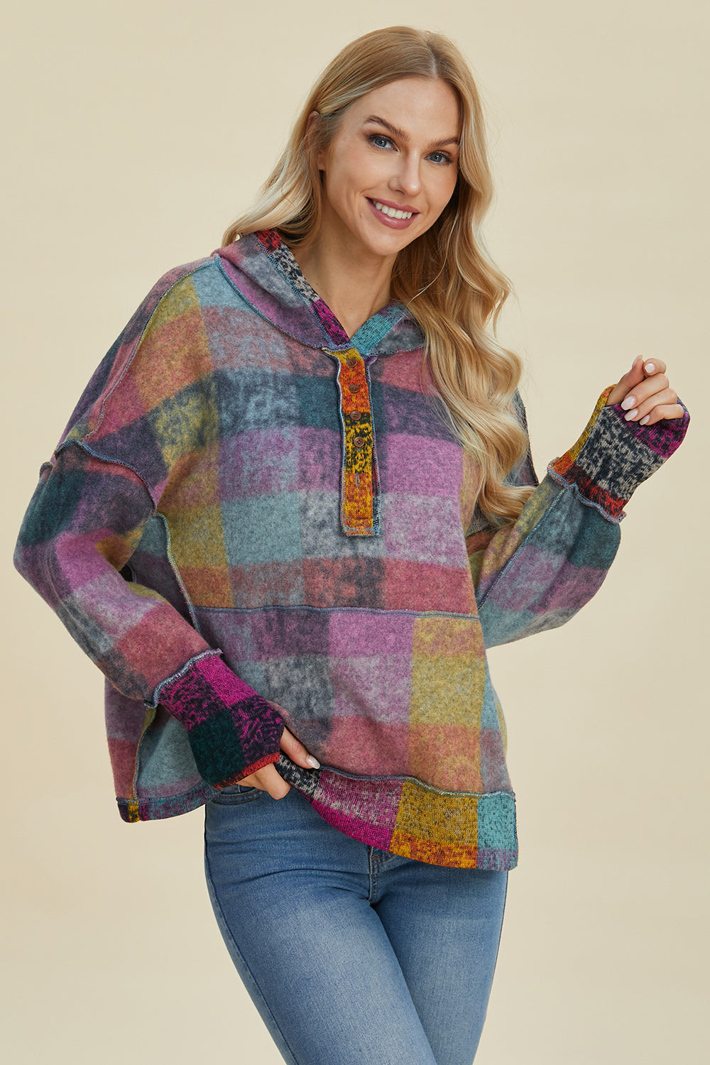 Double Take Full Size Plaid Dropped Shoulder Hoodie - Fashions Envy
