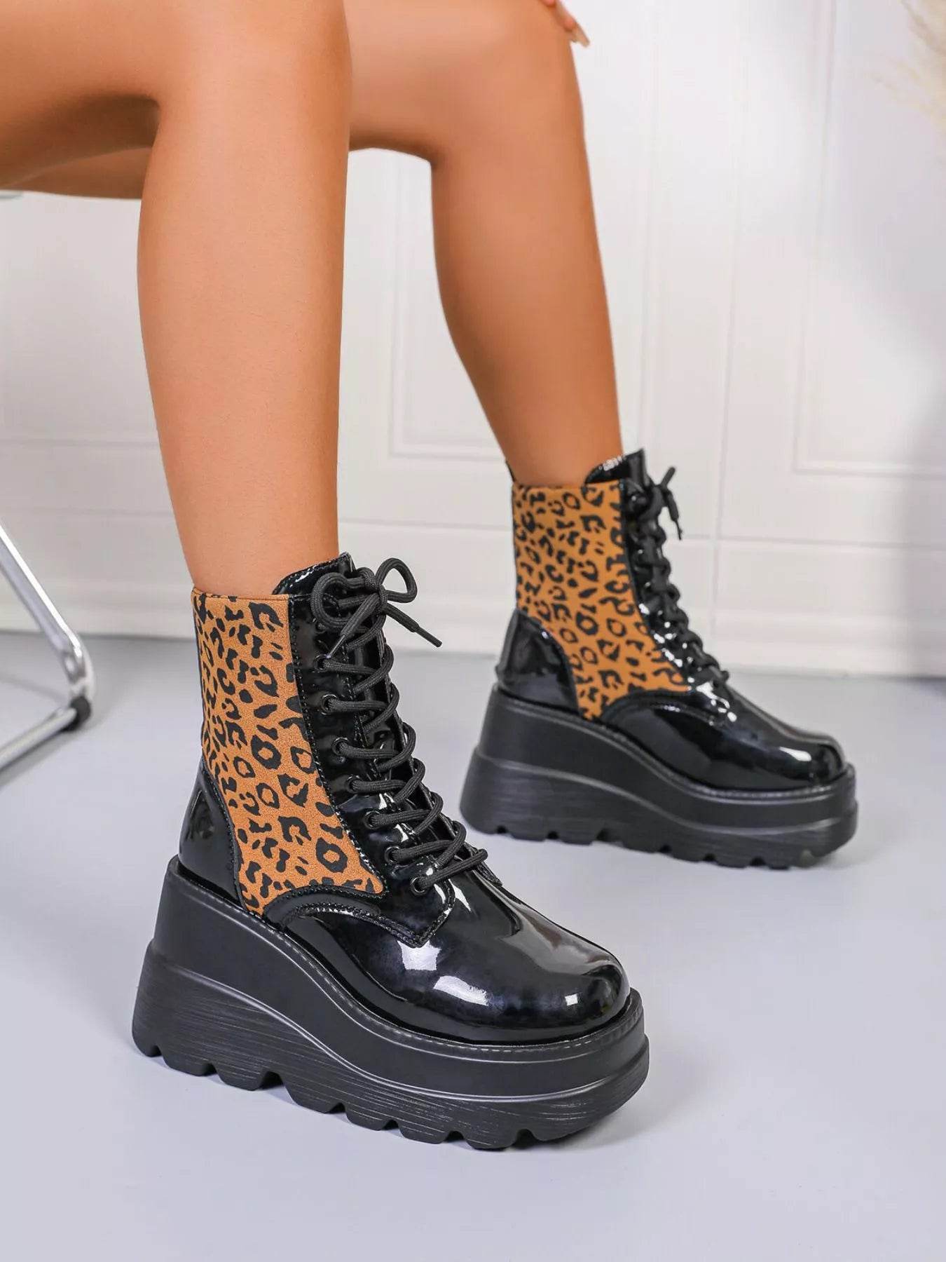 Lace Up Wedge Platform Boots - Low Heel Statement Boots - Fashions Envy