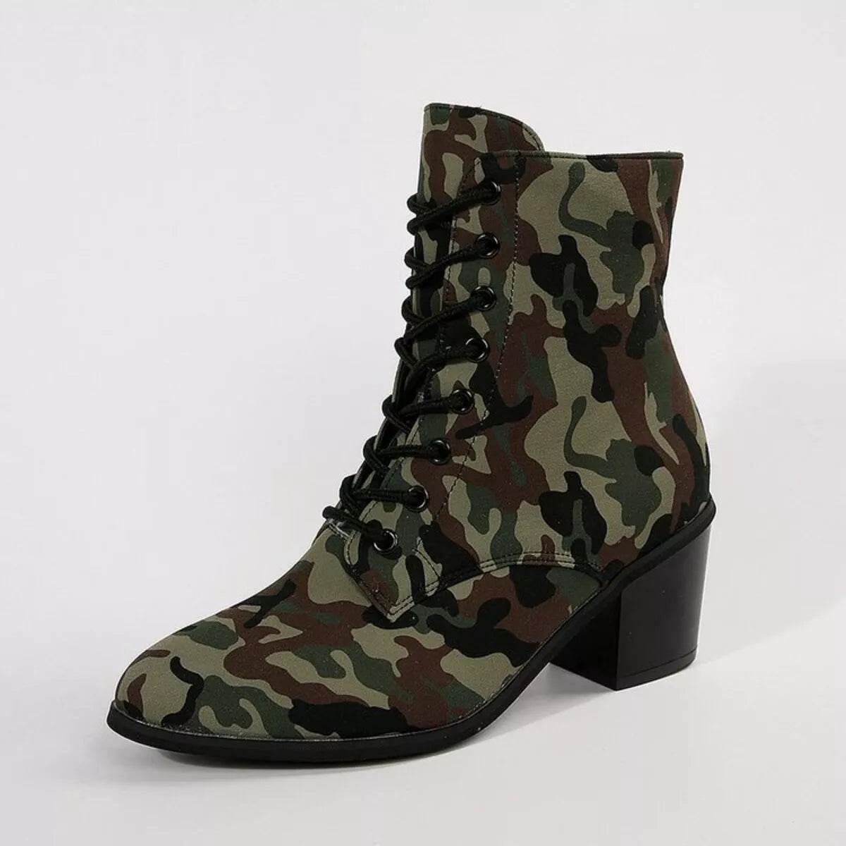 Green Camo Lace Up Block Heels Boots - Mid Heel Combat Boots - Fashions Envy