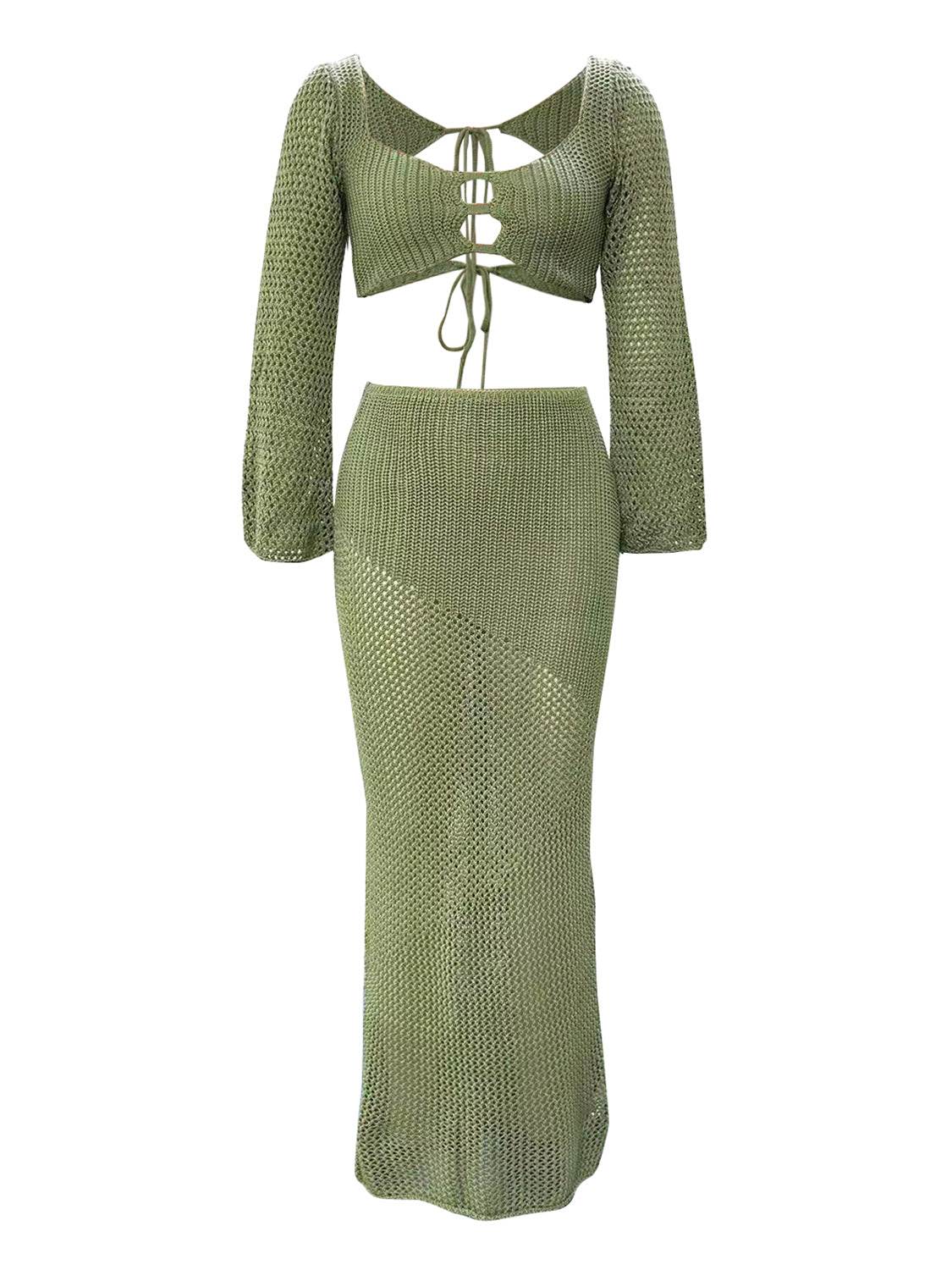 Tied Long Sleeve Top and Skirt Cover Up Set - Fashions Envy