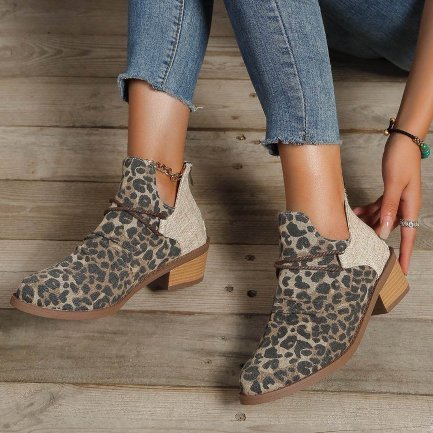 Contrast Canvas Low Heel Boots - Fashions Envy