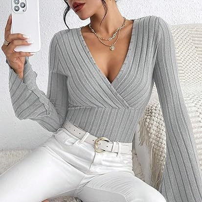 Ribbed V-Neck Top - Flared Sleeve Elegant Fit