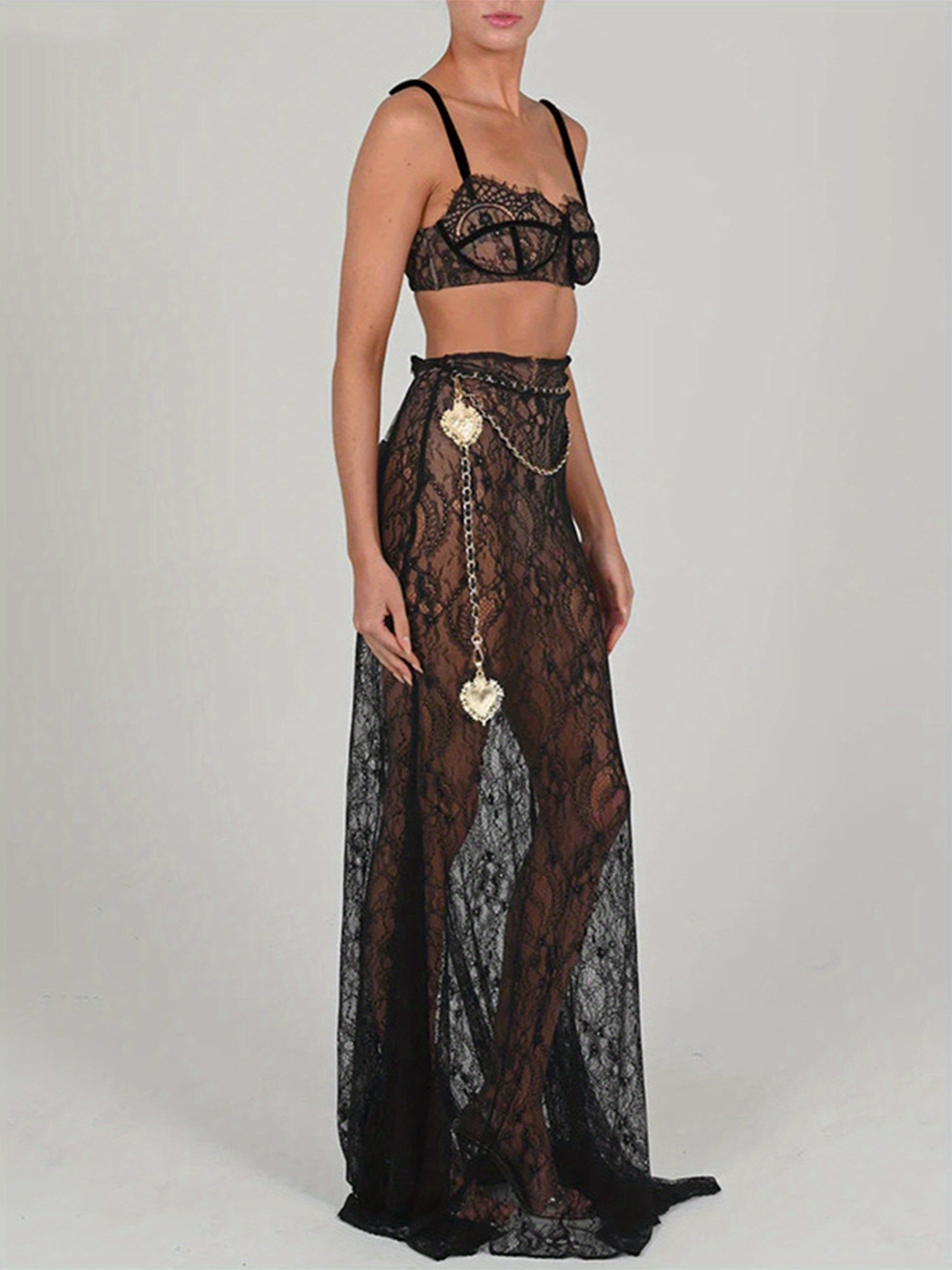 Passionate Goddess Sexy Sheer Mesh Bra Halter Top & Maxi Skirt Set