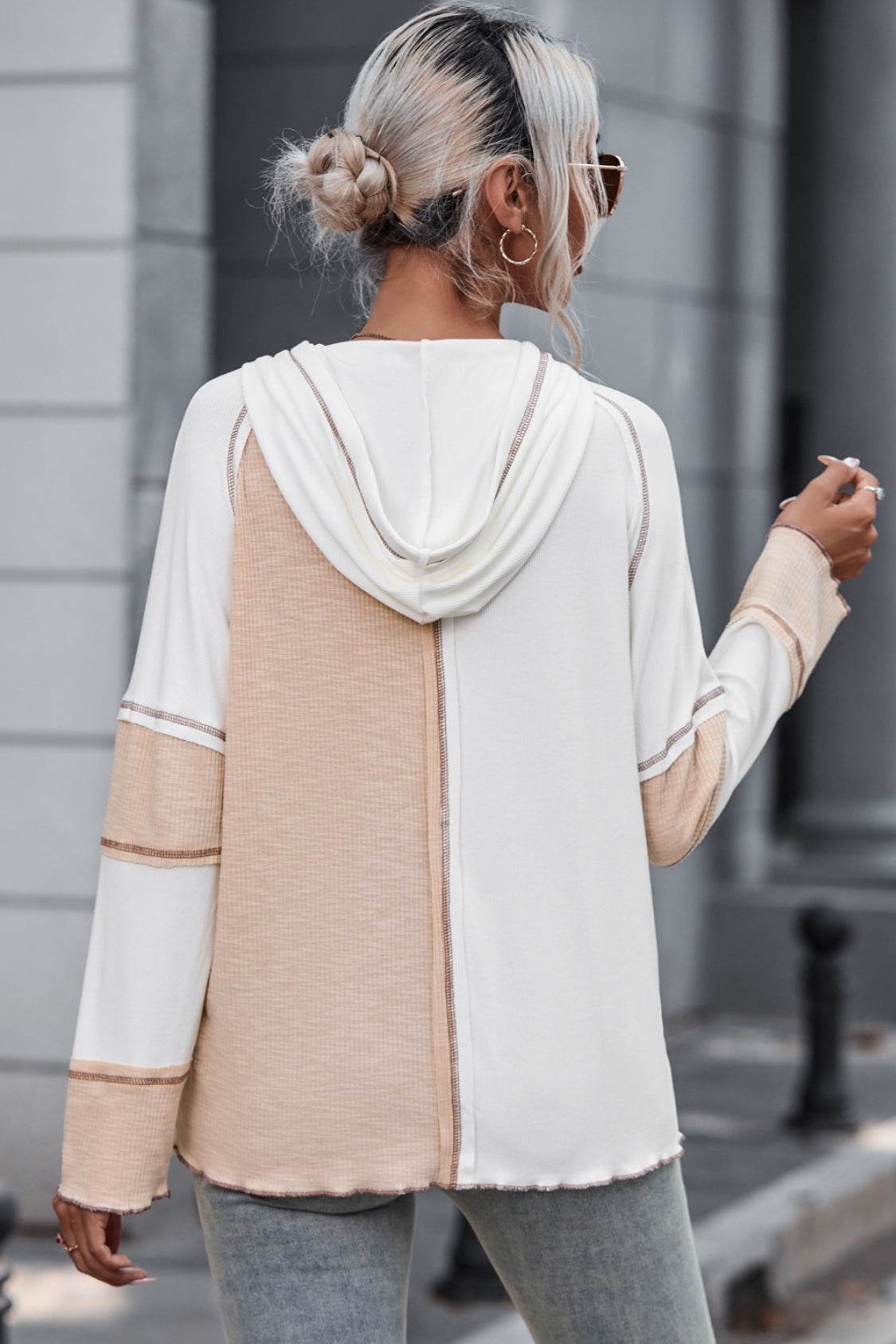 Multicolor Colorblock Ribbed Henley Hoodie - Fashions Envy