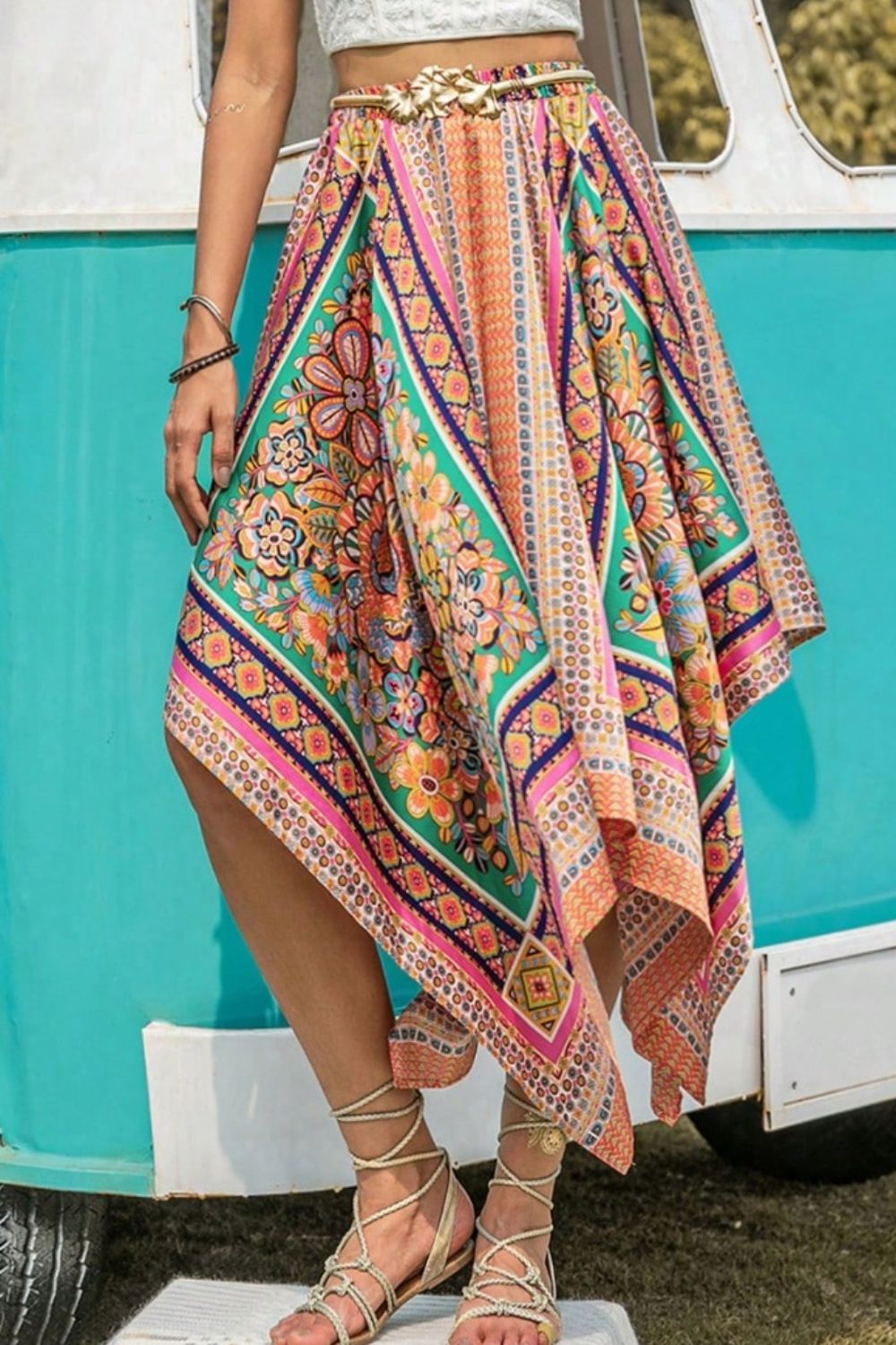 Printed High Waist Handkerchief Hem Skirt - Fashions Envy