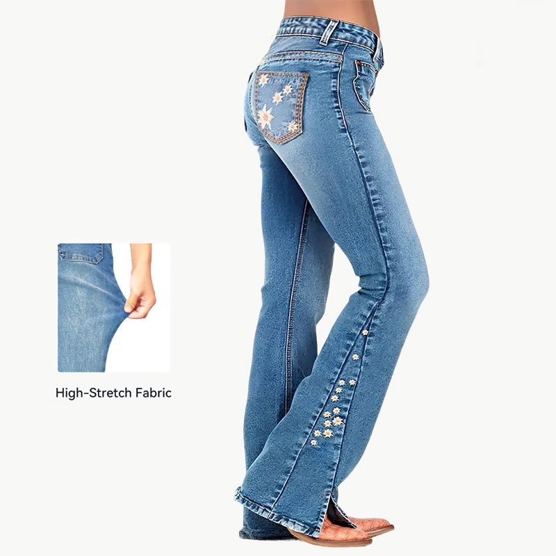 High-Waist Star Patch Slit Leg Jeans - Y2K Retro Denim