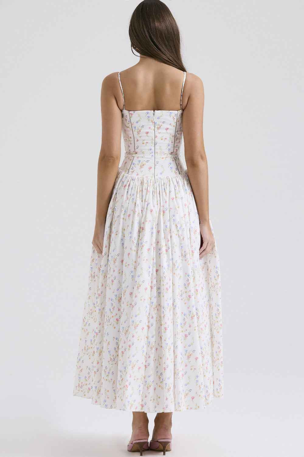 Floral Cami Maxi Dress - Cinched Waist A-Line Spaghetti Strap