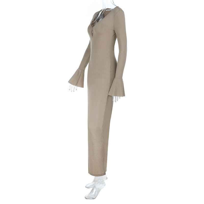 High-Slit Bodycon Maxi Dress - Elegant Hollow Leaf Sleeve