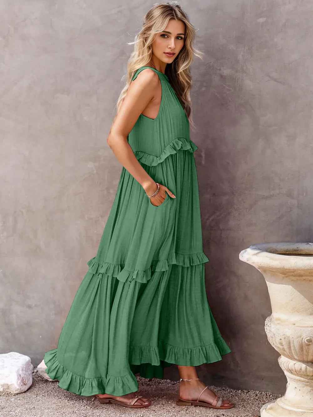 Smocked Tiered Ruffle Maxi Dress - Sleeveless with Pockets