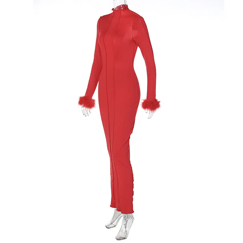 Red Feather Trim Prom Dress - Long Sleeve Maxi Gown