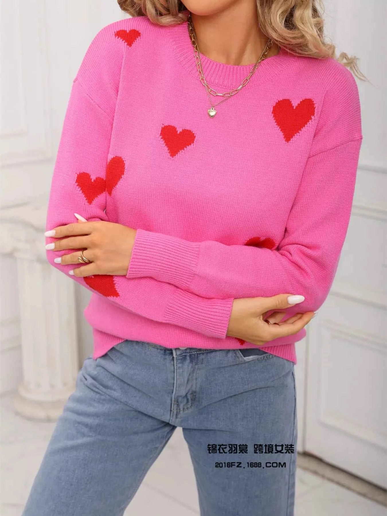 Valentine's Day Heart Print Round Neck Sweater - Fashions Envy