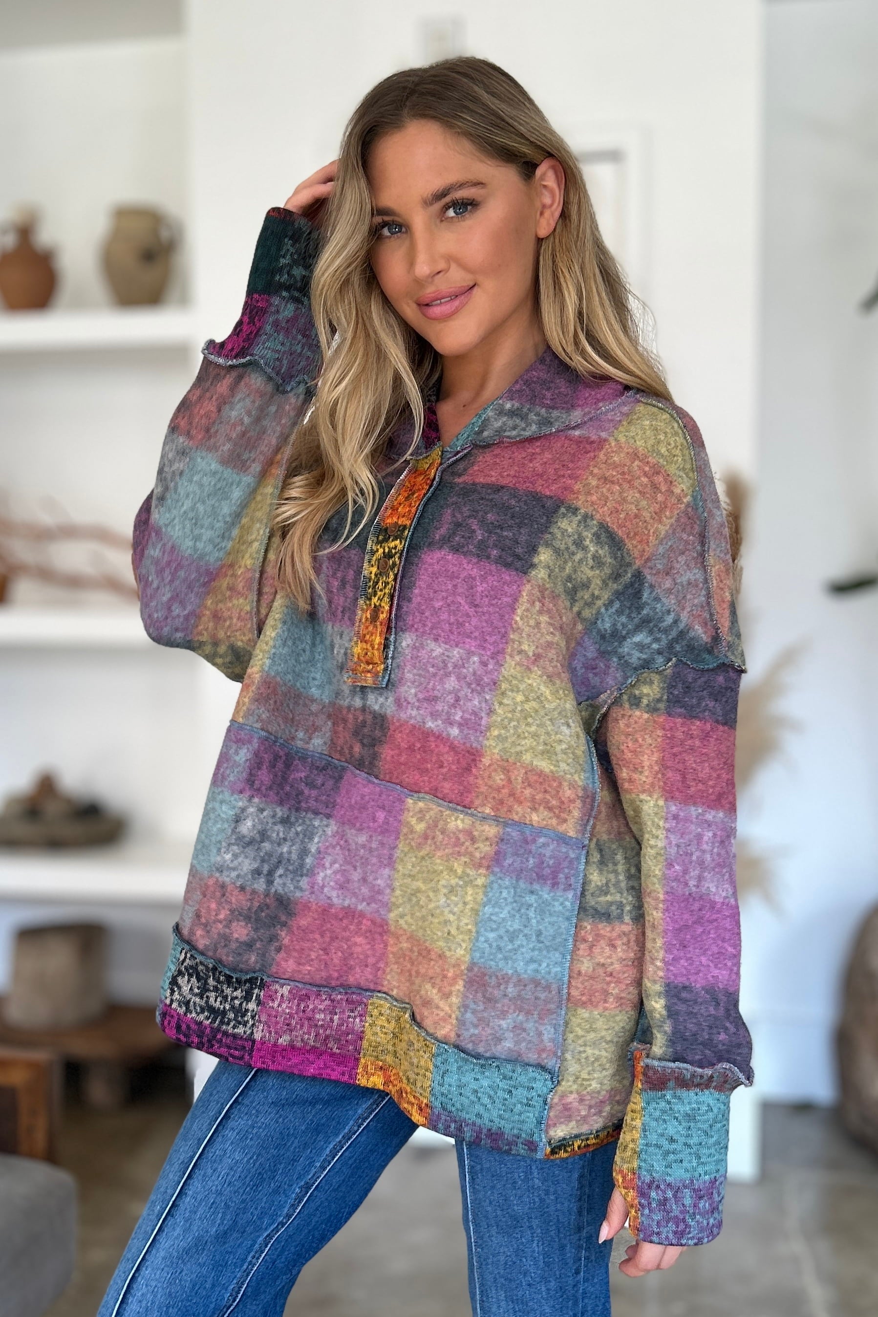 Double Take Full Size Plaid Dropped Shoulder Hoodie - Fashions Envy
