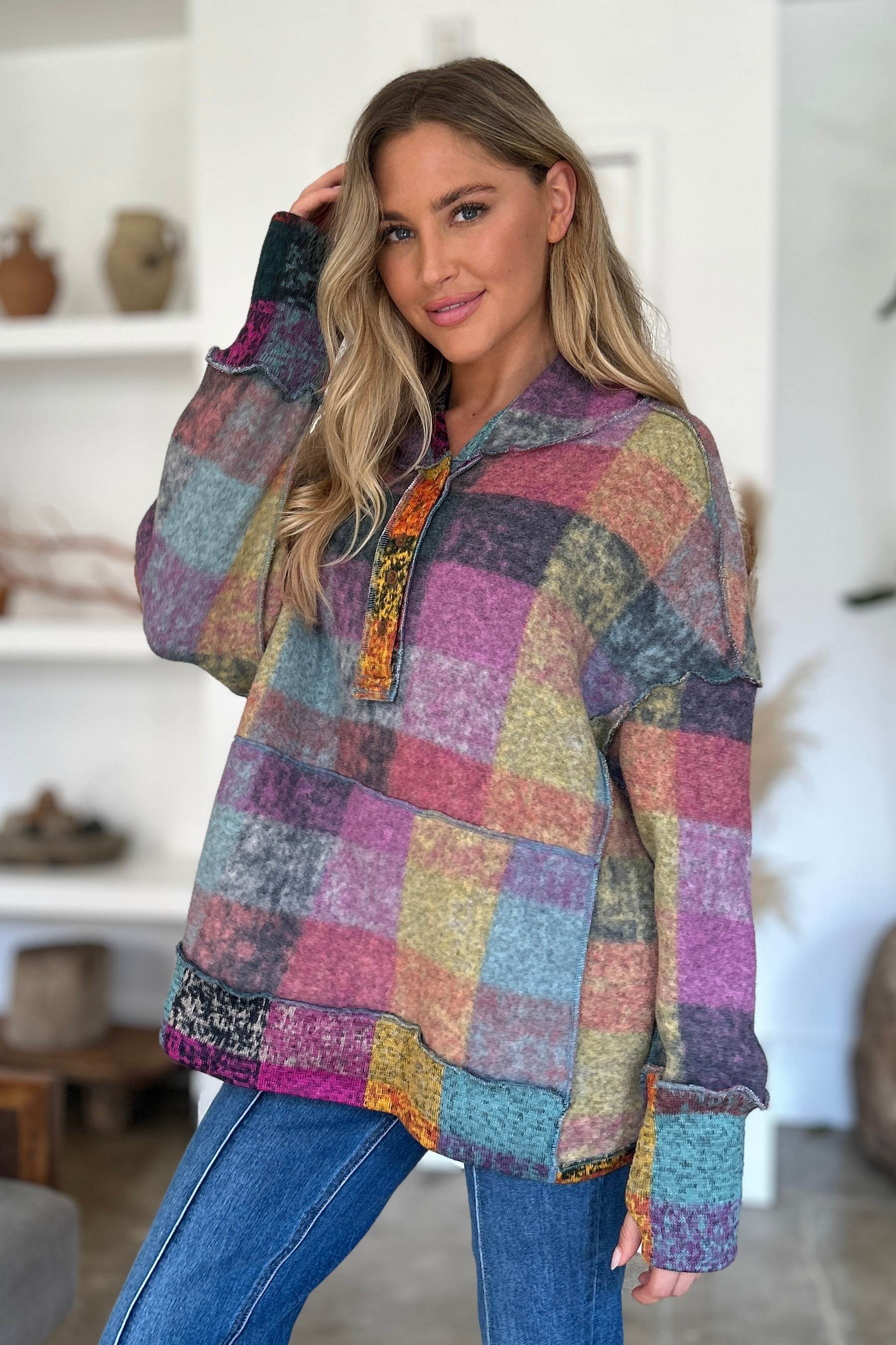 Double Take Full Size Plaid Dropped Shoulder Hoodie - Fashions Envy