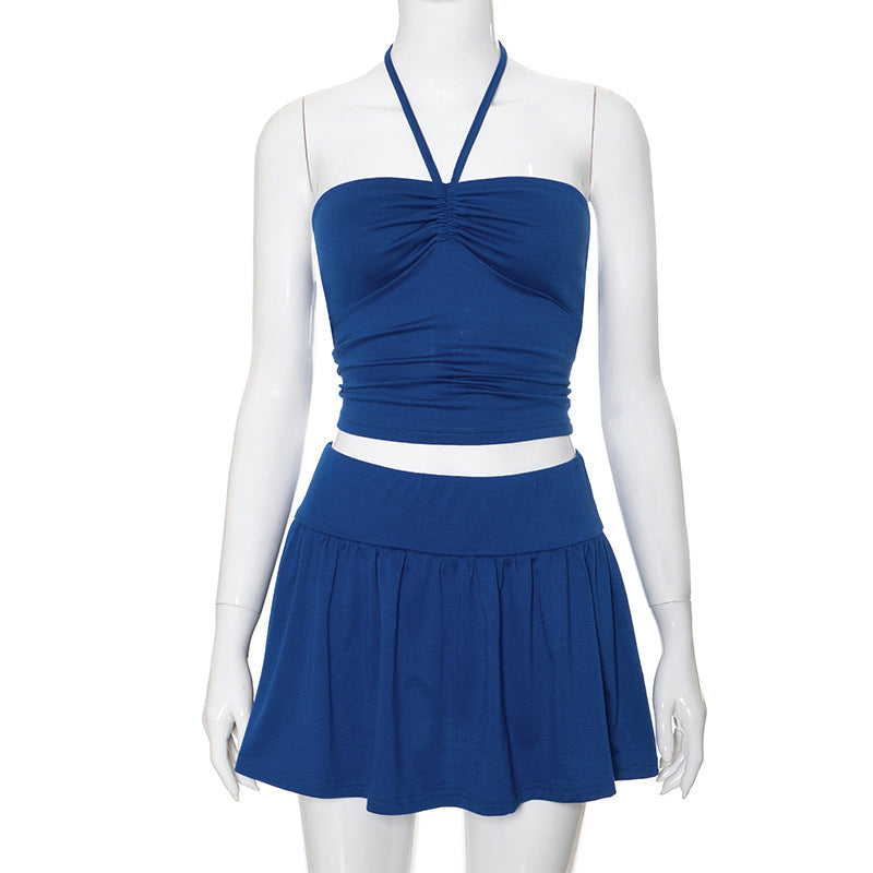 Sleeveless Y2K Hot Girl Cropped Tube Top & Pleating Skirt Set