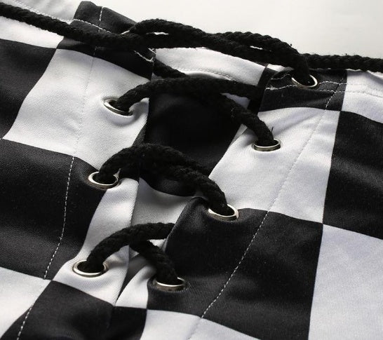 Checkered Lace-Up Shorts - High Waist Hot Pants