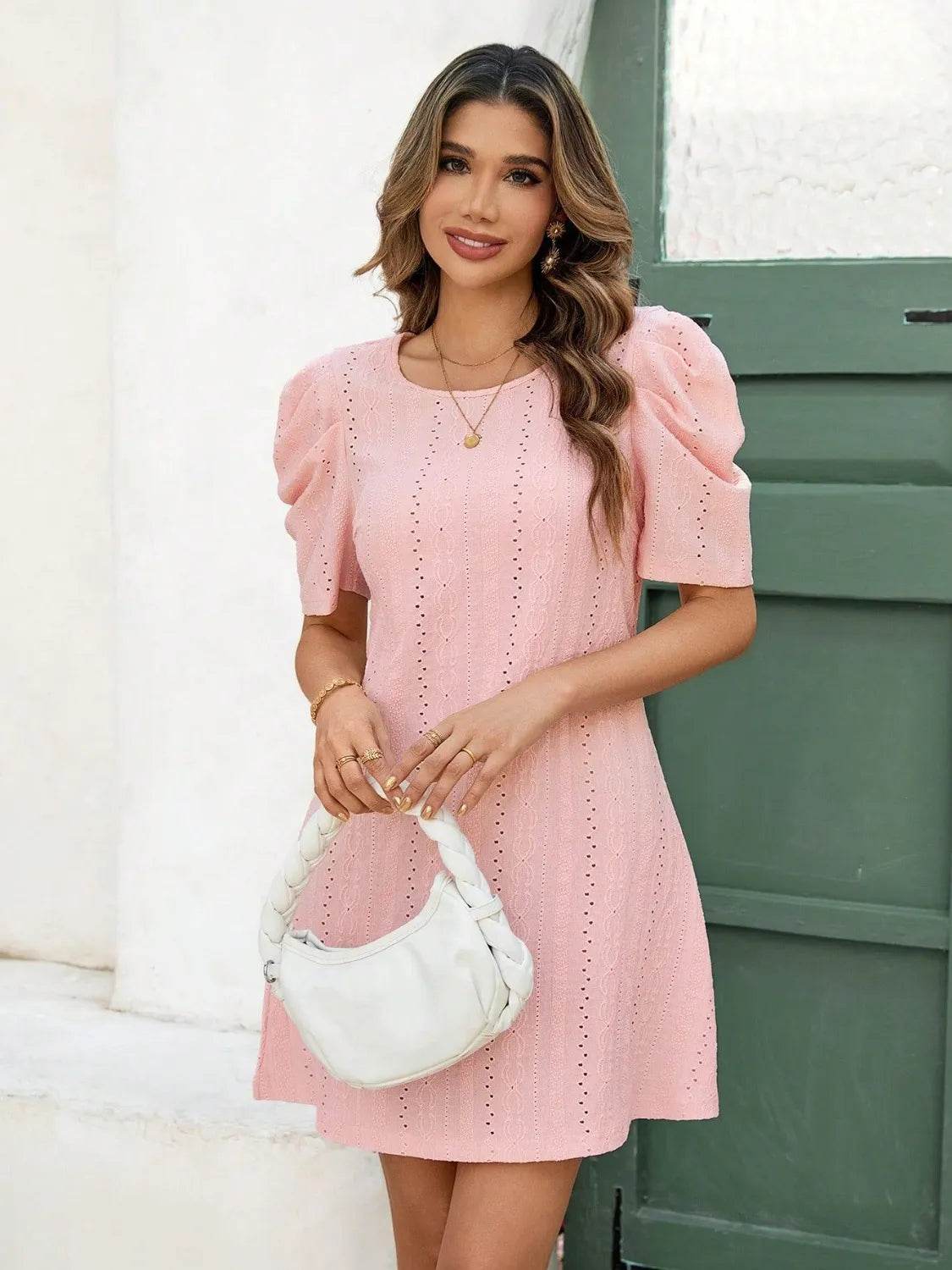 Eyelet Round Neck Puff Short Sleeve Mini Dress - Romantic Summer Dress - Fashions Envy