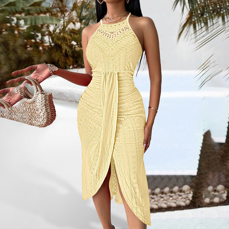 Sleeveless Halter Neck Ruched Bodycon Midi Dress