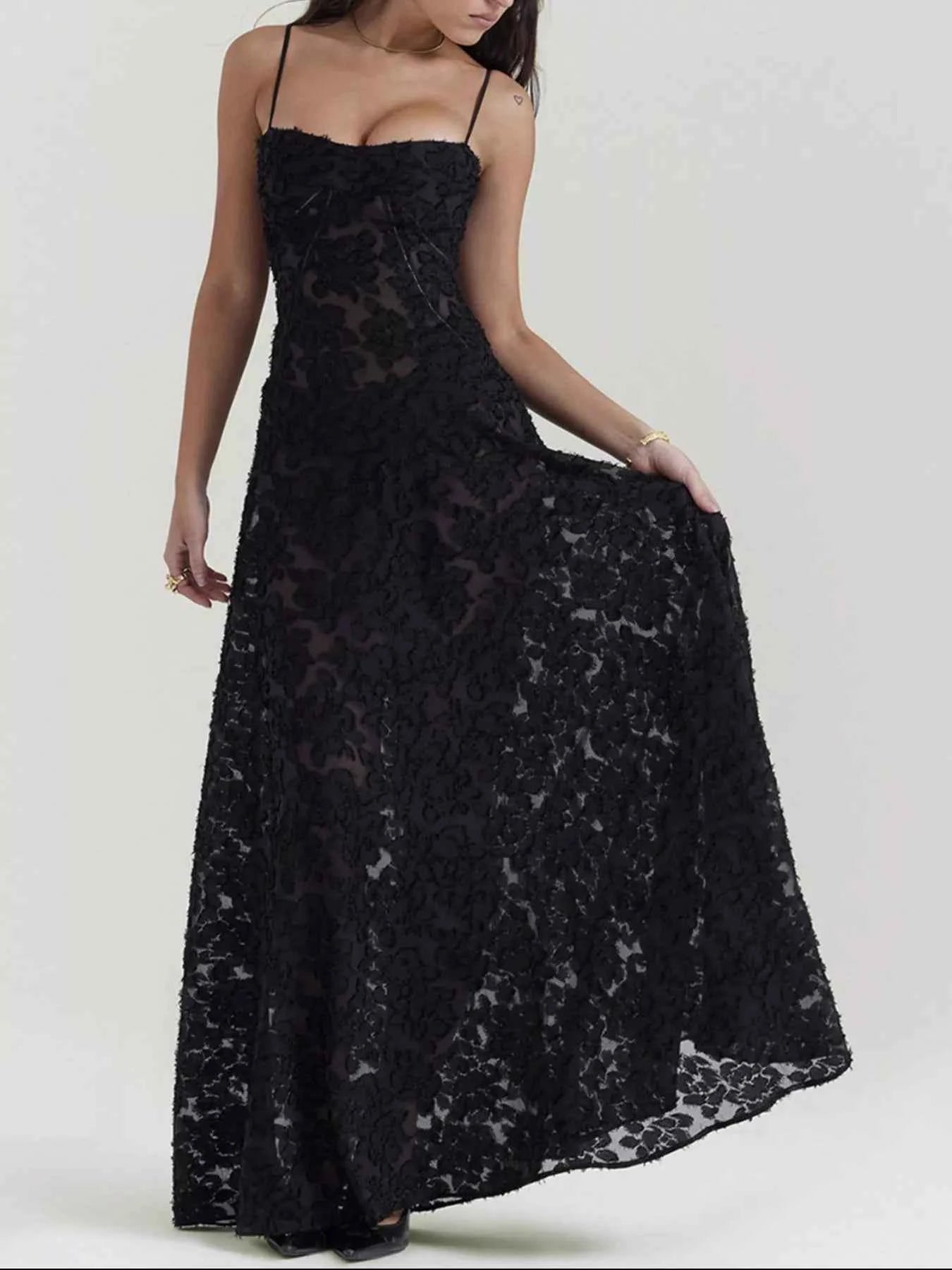 Black Maxi Dress - Lace Spaghetti Strap Gown