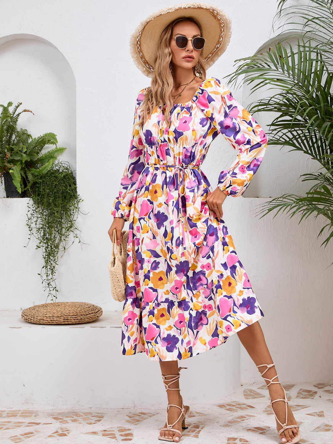 Floral Printed Long Sleeve Midi Dress
