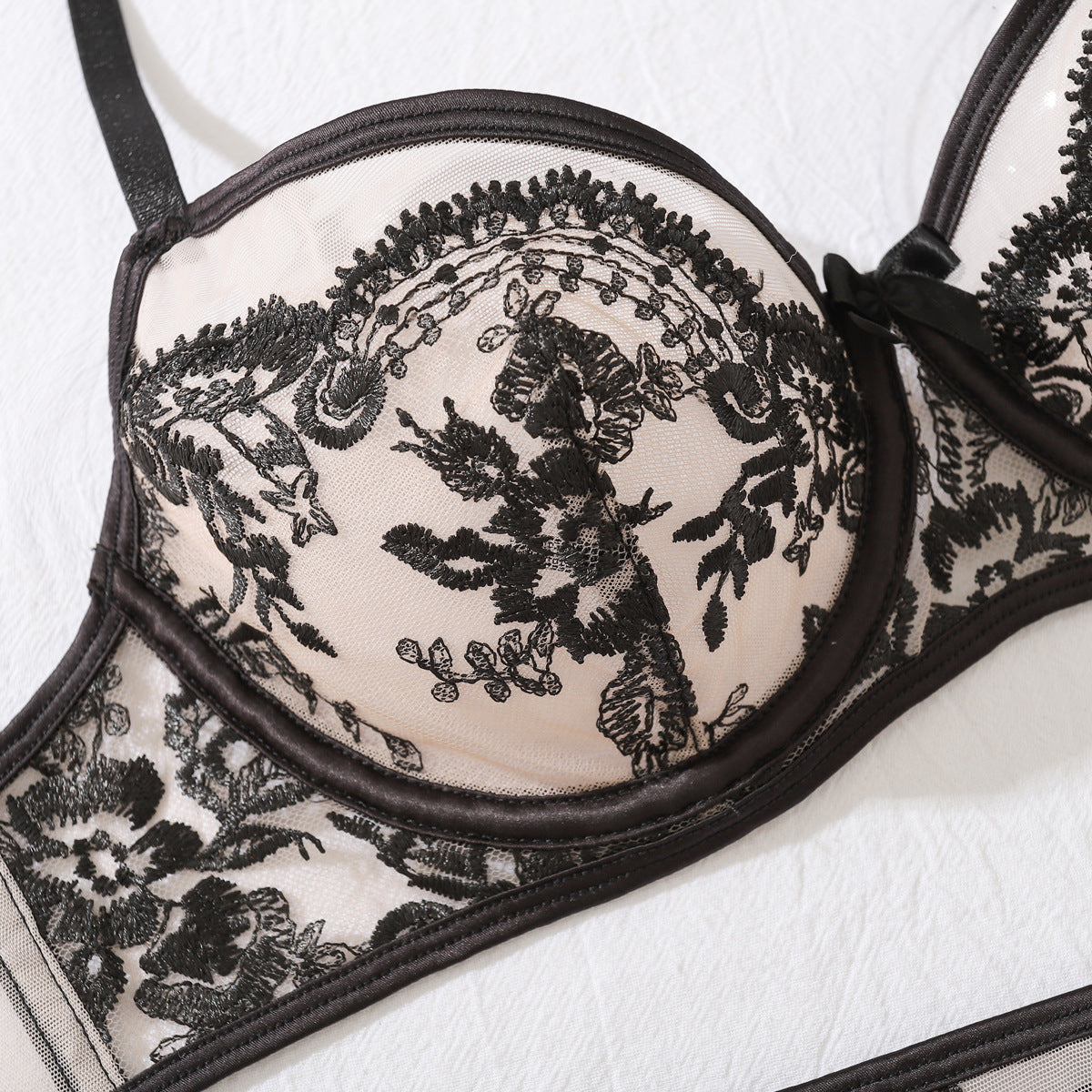 Sheer Lingerie Set - Embroidered Mesh Bra